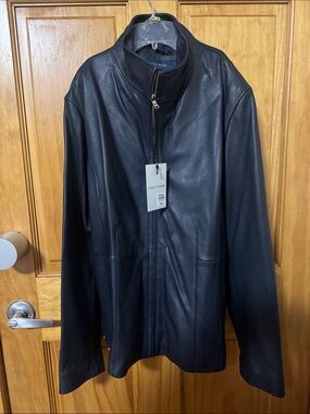 Cole Haan navy blue lamb Leather Zip-Up Bomber Jacket